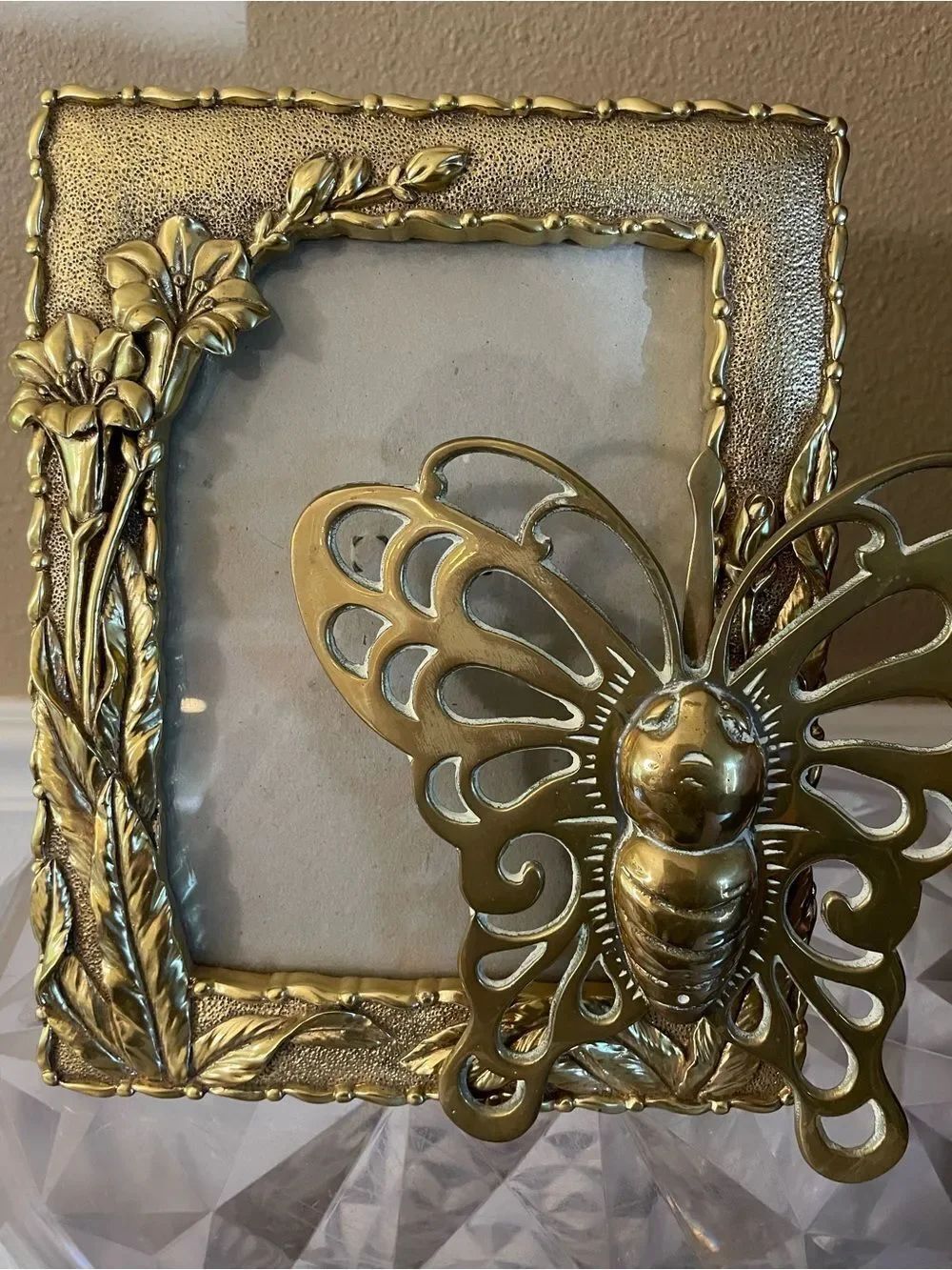 Gorgeous Brass Solid Butterfly and Gold Metal 5x7 Picture Frame